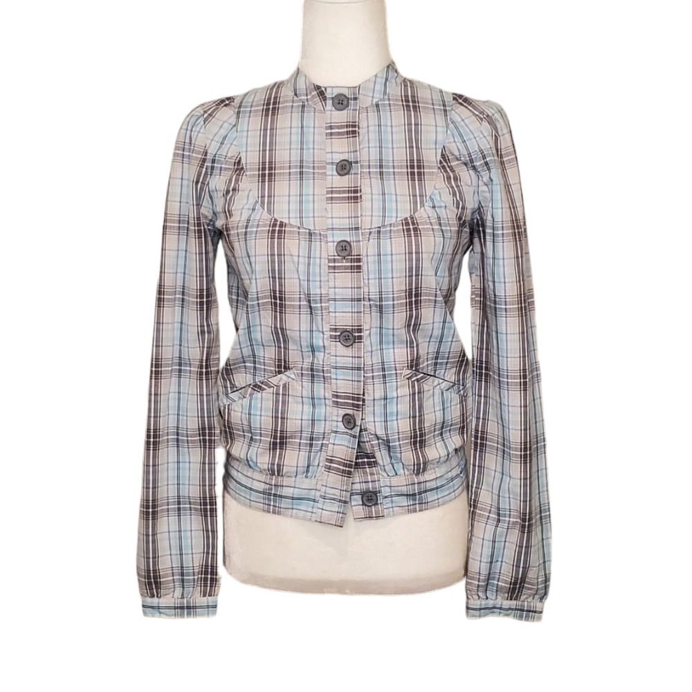 Split Women Blue Plaid Print Button Bomber Jacket Size XS